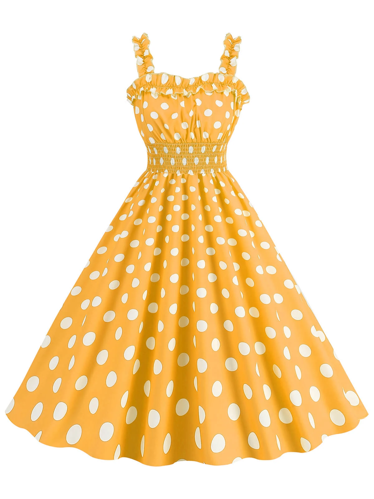 1950s Polka Dot Smocking Strap Dress 1 1950s Polka Dot Smocking Strap Dress
