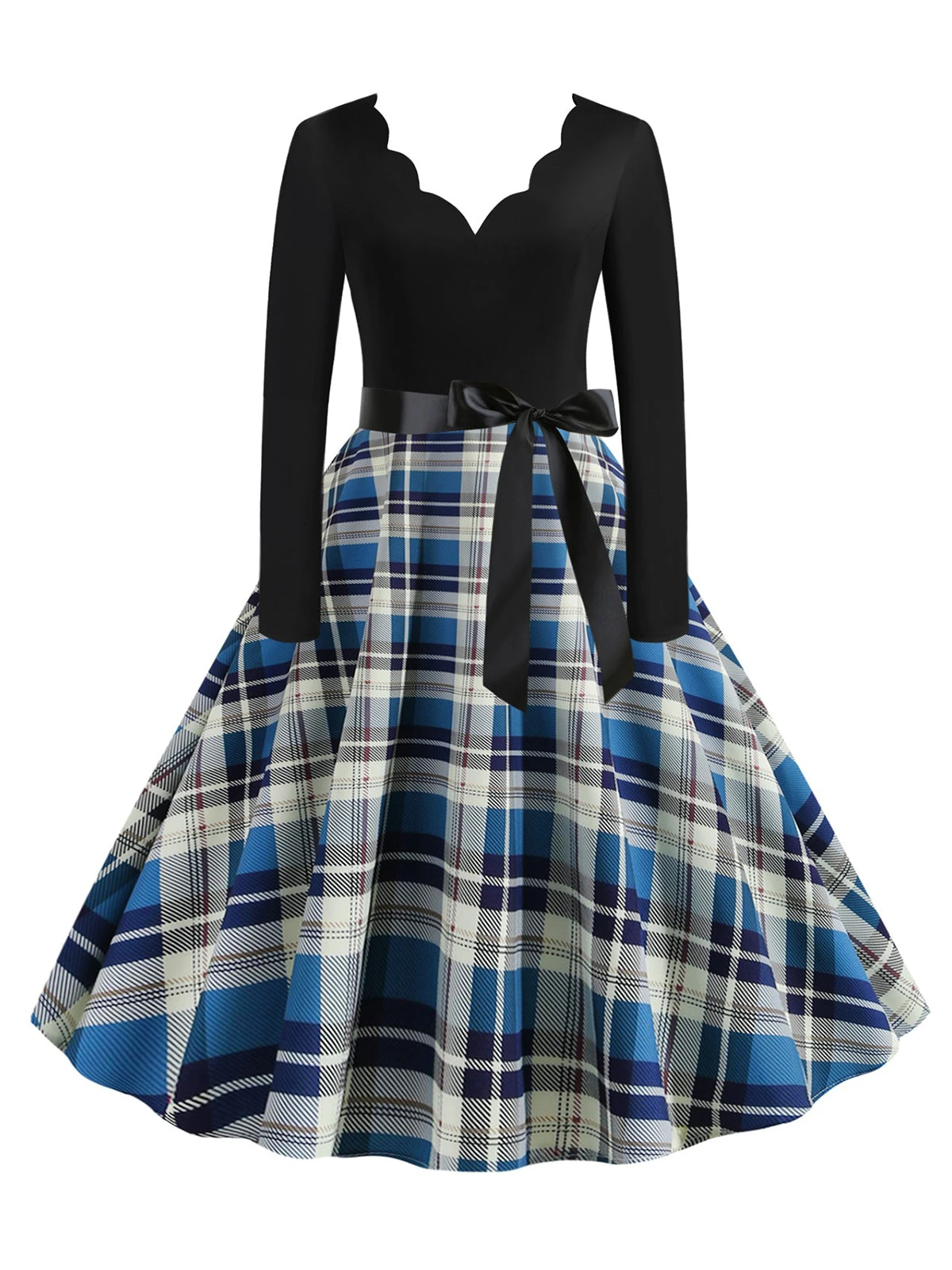 1950s V-Neck Long Sleeves Plaid Swing Dress 4 1950s V-Neck Long Sleeves Plaid Swing Dress - Image 4