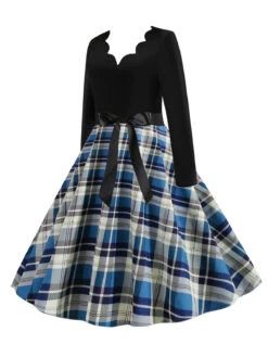 1950s V-Neck Long Sleeves Plaid Swing Dress 14 1950s V-Neck Long Sleeves Plaid Swing Dress -Candi Clothing Shop SCHL003600 BL 2