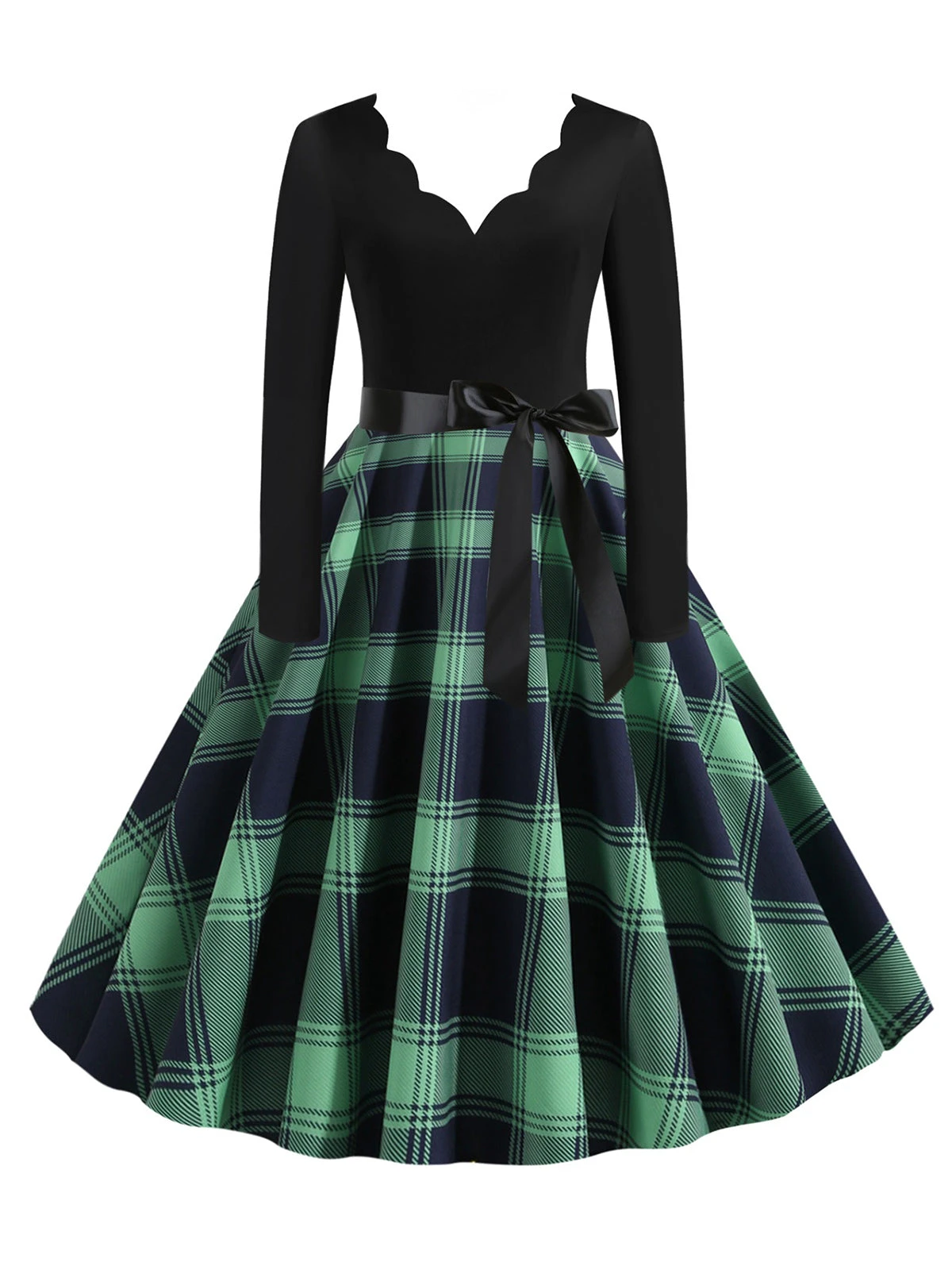 1950s V-Neck Long Sleeves Plaid Swing Dress 6 1950s V-Neck Long Sleeves Plaid Swing Dress - Image 6