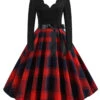 1950s V-Neck Long Sleeves Plaid Swing Dress