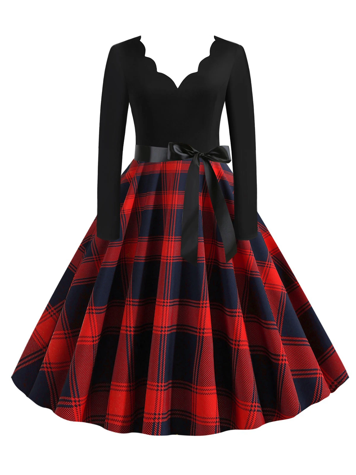 1950s V-Neck Long Sleeves Plaid Swing Dress 1 1950s V-Neck Long Sleeves Plaid Swing Dress