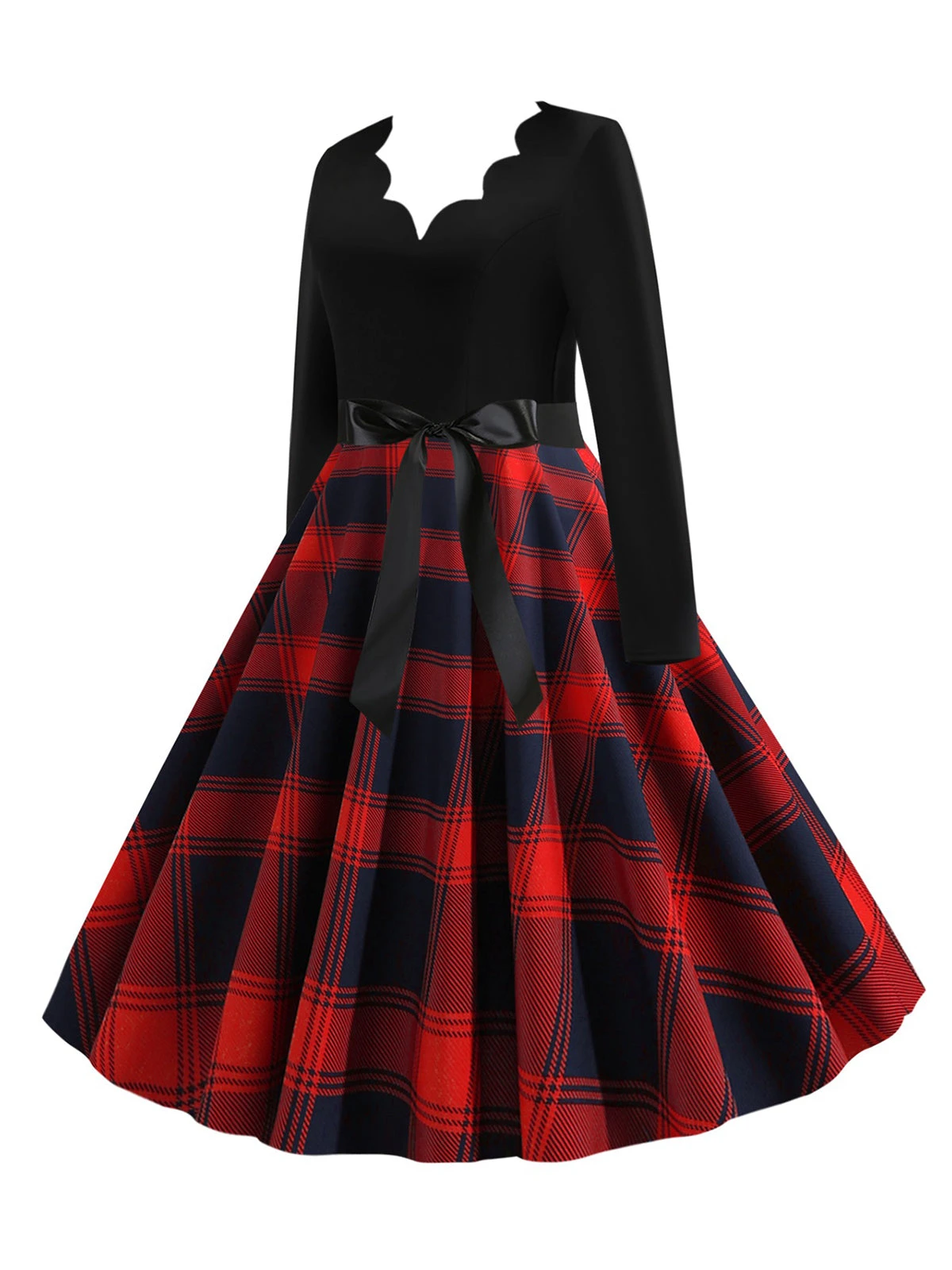 1950s V-Neck Long Sleeves Plaid Swing Dress 2 1950s V-Neck Long Sleeves Plaid Swing Dress - Image 2