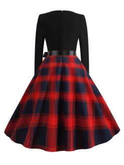 1950s V-Neck Long Sleeves Plaid Swing Dress 12 1950s V-Neck Long Sleeves Plaid Swing Dress -Candi Clothing Shop SCHL003600 TR 3