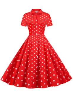 1950s Bow Collar Striped Dots Swing Dress 18 1950s Bow Collar Striped Dots Swing Dress -Candi Clothing Shop SCHL003619 TR 1