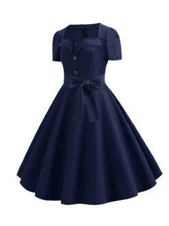 1950s Square Neck Short Sleeves Dress -Candi Clothing Shop SCHL003641 DBL 2