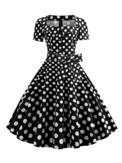 1950s Square Neck Short Sleeves Dress -Candi Clothing Shop SCHL003641 PAT2