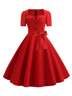 1950s Square Neck Short Sleeves Dress -Candi Clothing Shop SCHL003641 R