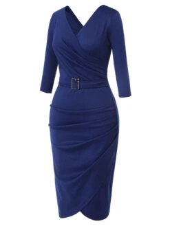 Blue 1940s Solid V-Neck Dress With Belt -Candi Clothing Shop SCHL003653 2