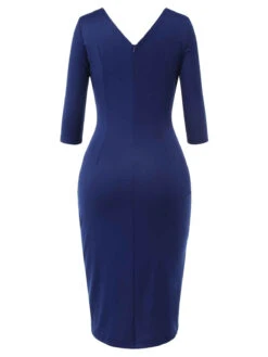 Blue 1940s Solid V-Neck Dress With Belt -Candi Clothing Shop SCHL003653 3
