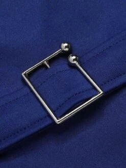 Blue 1940s Solid V-Neck Dress With Belt -Candi Clothing Shop SCHL003653 4