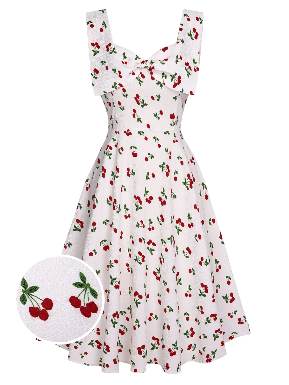White 1950s Cherry Bow Sweetheart Neck Dress 1 White 1950s Cherry Bow Sweetheart Neck Dress