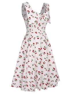 White 1950s Cherry Bow Sweetheart Neck Dress 10 White 1950s Cherry Bow Sweetheart Neck Dress -Candi Clothing Shop SCHL003660 2