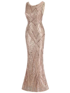 Rose Gold 1920s Geometric Sequined Fishtail Dress -Candi Clothing Shop SCHL003672 2