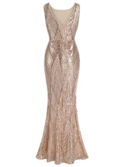 Rose Gold 1920s Geometric Sequined Fishtail Dress -Candi Clothing Shop SCHL003672 3