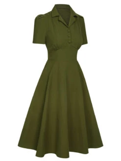 Green 1940s Lapel Buttoned Solid Dress -Candi Clothing Shop SCHL003688 2 compressed