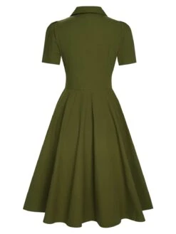 Green 1940s Lapel Buttoned Solid Dress -Candi Clothing Shop SCHL003688 3 compressed