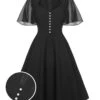 Black 1950s V-Neck Pearl Buttons Dress
