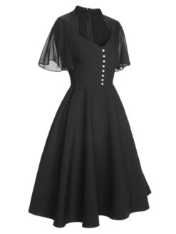 Black 1950s V-Neck Pearl Buttons Dress -Candi Clothing Shop SCHL003690 2