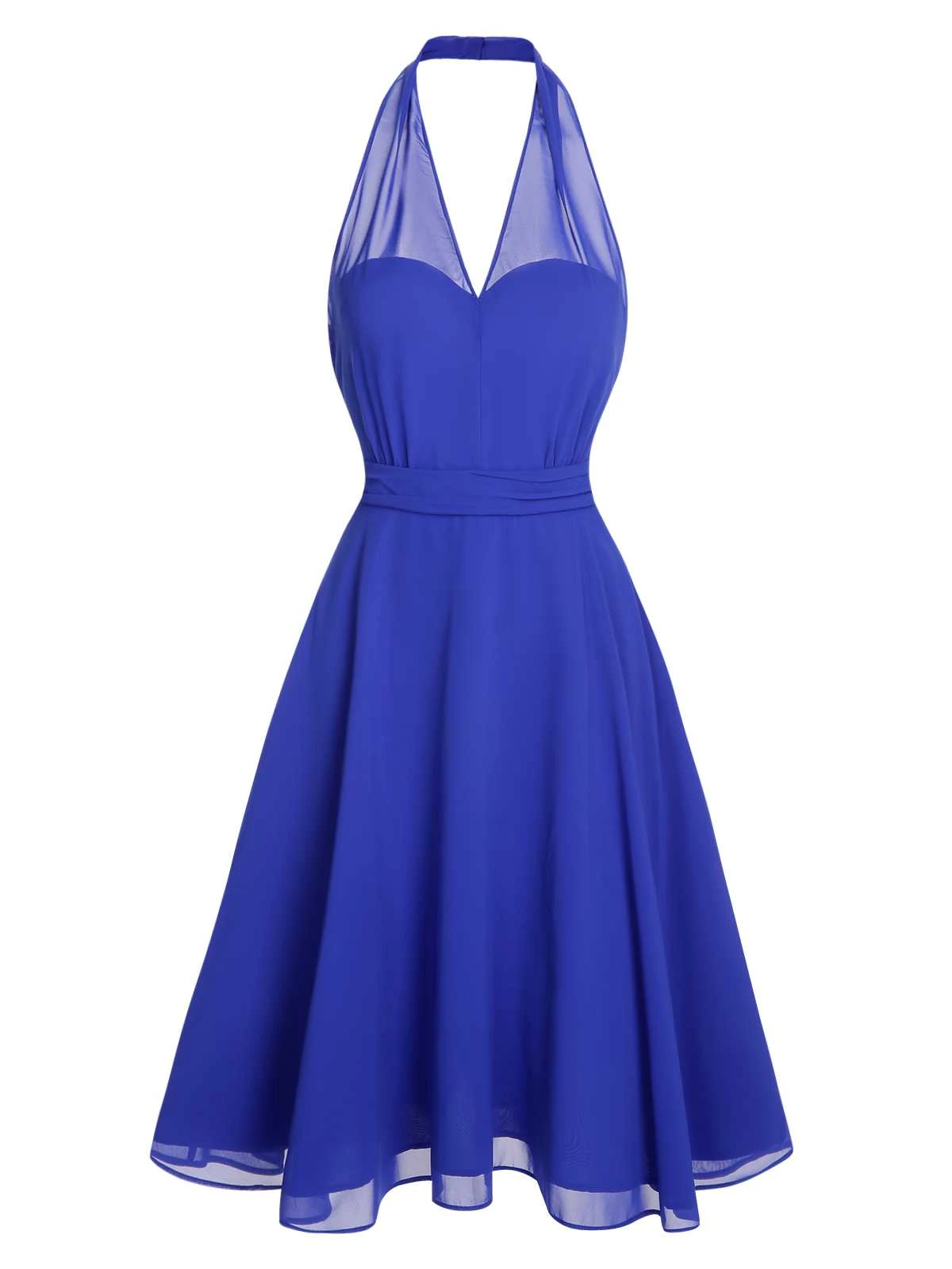 Blue 1950s Solid Chiffon Halter Dress 2 Blue 1950s Solid Chiffon Halter Dress - Image 2