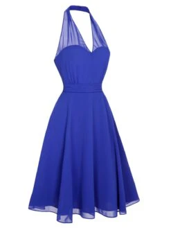 Blue 1950s Solid Chiffon Halter Dress 9 Blue 1950s Solid Chiffon Halter Dress -Candi Clothing Shop SCHL003692 2 compressed