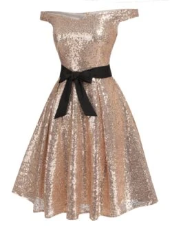 Champagne 1950s Sequined Off-shoulder Dress 9 Champagne 1950s Sequined Off-shoulder Dress -Candi Clothing Shop SCHL003706 2