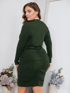 [Plus Size] Dark Army Green 1960s Wrinkle Pencil Dress -Candi Clothing Shop SCHL003714 2