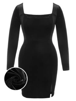 [Plus Size] Black 1940s Solid Square Neck Velvet Dress