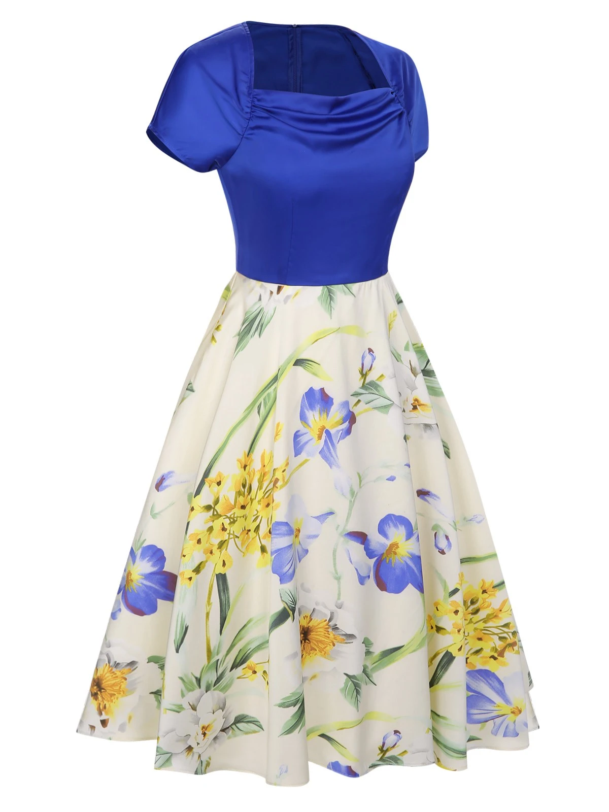 1950s Flowers Cowl Neck Patchwork Dress 3 1950s Flowers Cowl Neck Patchwork Dress - Image 3