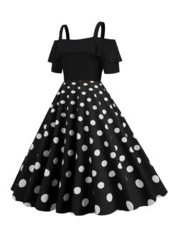 1950s Black Patchwork Polka Dot Strap Dress 14 1950s Black Patchwork Polka Dot Strap Dress -Candi Clothing Shop SCHL003734 B 2