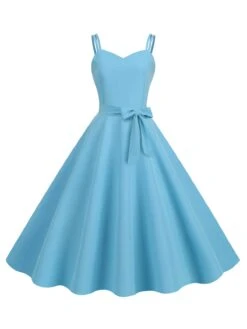 1950s Spaghetti Strap Bow Decor Solid Dress -Candi Clothing Shop SCHL003738 BL 1 compressed