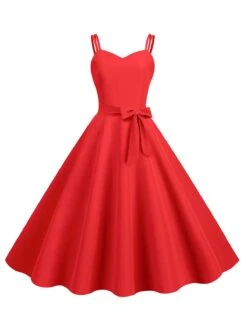 1950s Spaghetti Strap Bow Decor Solid Dress -Candi Clothing Shop SCHL003738 R 1 compressed