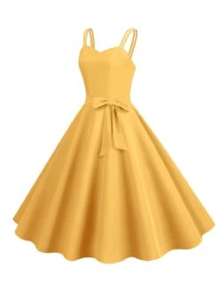 1950s Spaghetti Strap Bow Decor Solid Dress -Candi Clothing Shop SCHL003738 Y 1 compressed