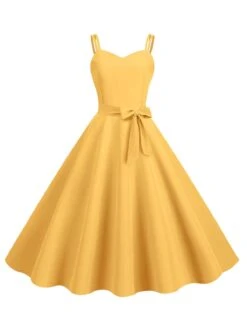 1950s Spaghetti Strap Bow Decor Solid Dress -Candi Clothing Shop SCHL003738 Y 3 compressed