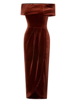 Caramel Color 1960s Off-Shoulder Tulip Velvet Dress -Candi Clothing Shop SCHL003745 CAC 1 2