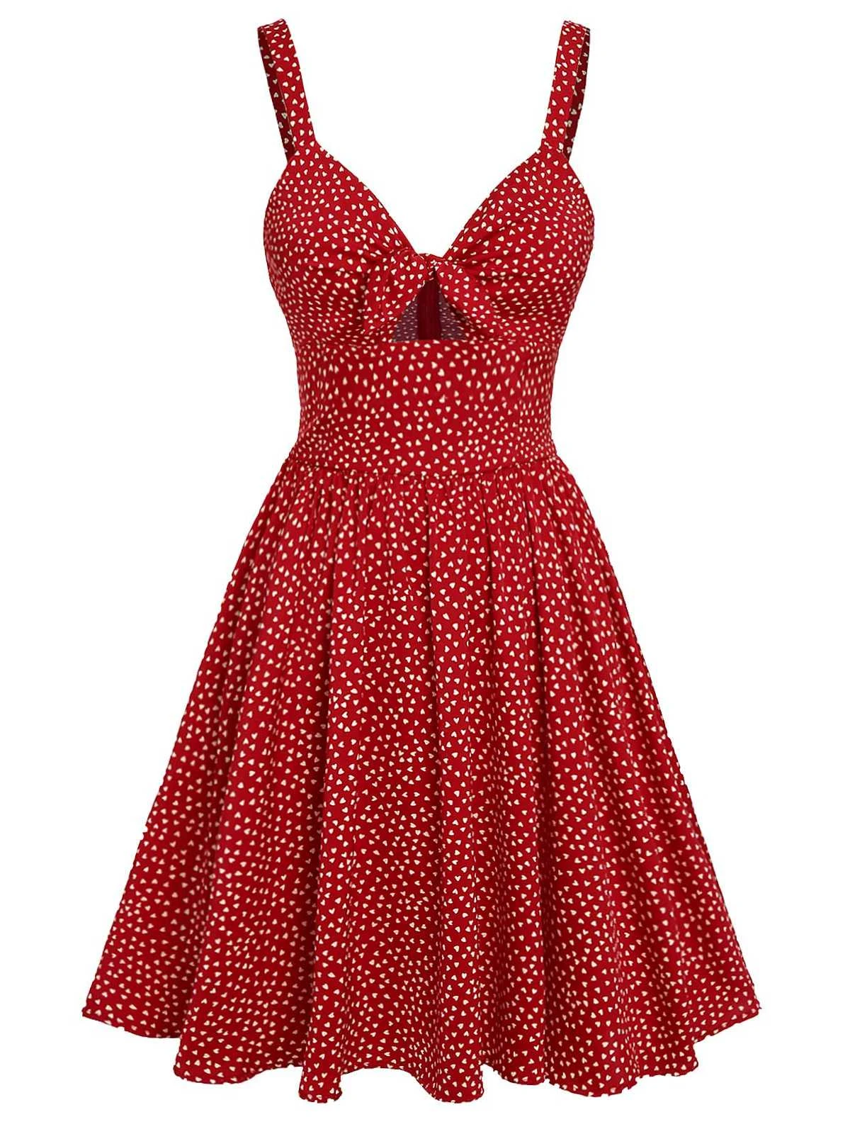 Red 1950s Spaghetti Strap Heart Print Dress 2 Red 1950s Spaghetti Strap Heart Print Dress - Image 2