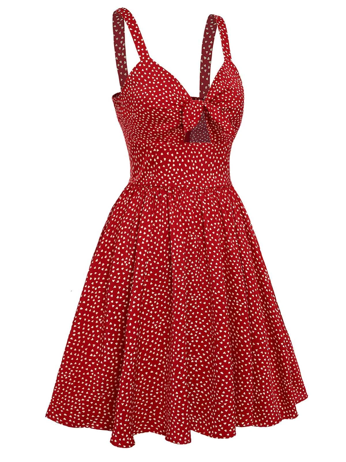 Red 1950s Spaghetti Strap Heart Print Dress 3 Red 1950s Spaghetti Strap Heart Print Dress - Image 3