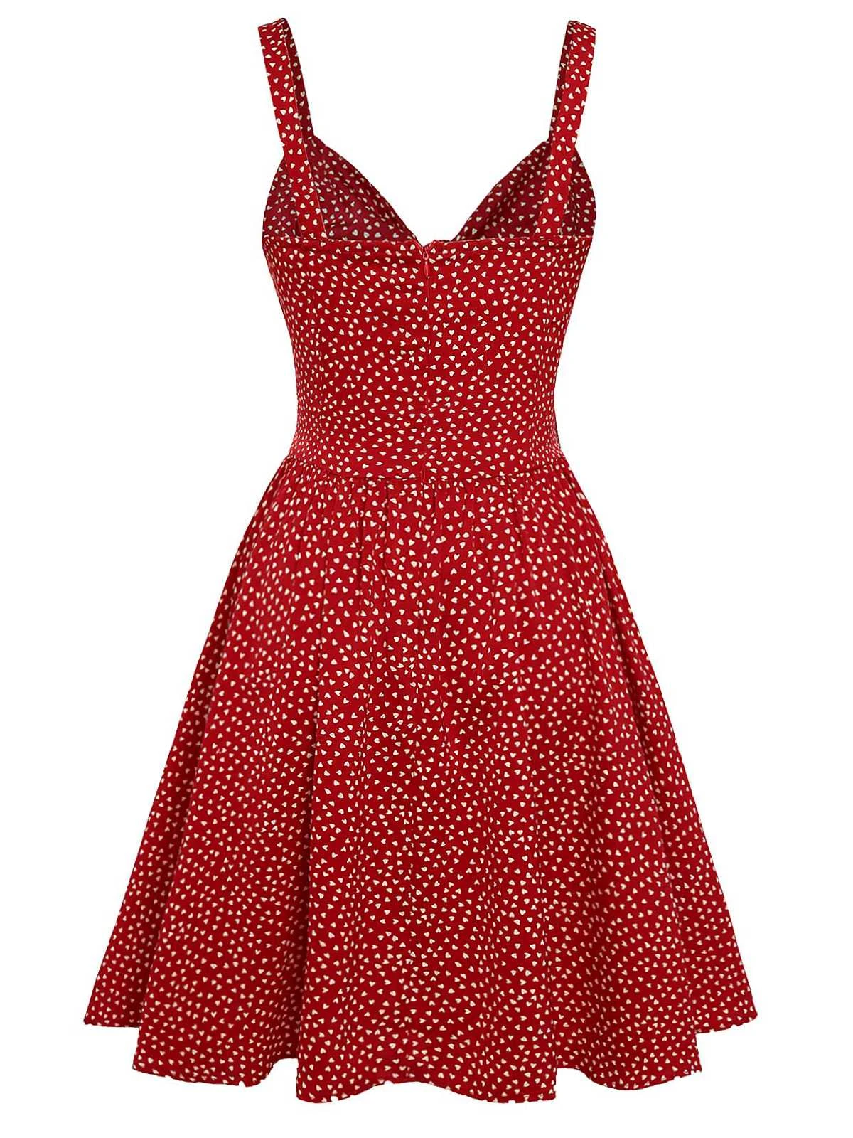 Red 1950s Spaghetti Strap Heart Print Dress 4 Red 1950s Spaghetti Strap Heart Print Dress - Image 4