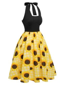 Yellow 1950s Sunflower Plaid Halter Dress -Candi Clothing Shop SCHL003786 2