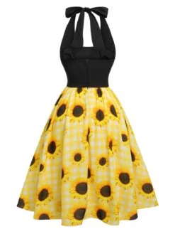 Yellow 1950s Sunflower Plaid Halter Dress -Candi Clothing Shop SCHL003786 3