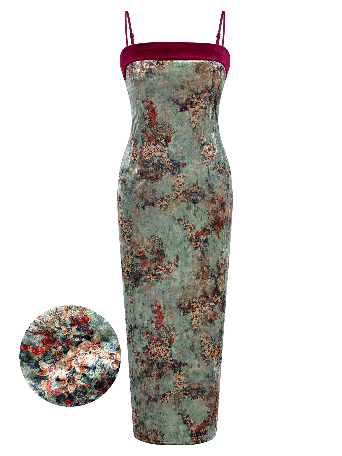 Green 1960s Floral Velvet Spaghetti Strap Dress 1 Green 1960s Floral Velvet Spaghetti Strap Dress