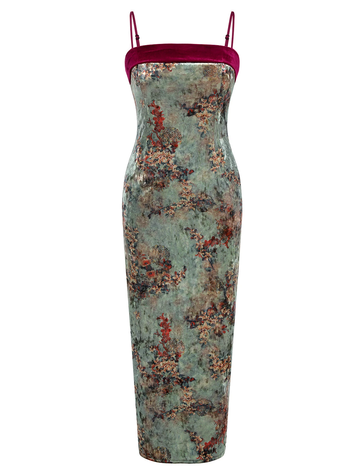 Green 1960s Floral Velvet Spaghetti Strap Dress 2 Green 1960s Floral Velvet Spaghetti Strap Dress - Image 2