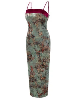 Green 1960s Floral Velvet Spaghetti Strap Dress 9 Green 1960s Floral Velvet Spaghetti Strap Dress -Candi Clothing Shop SCHL003813 MC 01 3