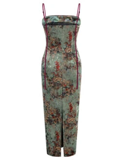 Green 1960s Floral Velvet Spaghetti Strap Dress 10 Green 1960s Floral Velvet Spaghetti Strap Dress -Candi Clothing Shop SCHL003813 MC 01 4