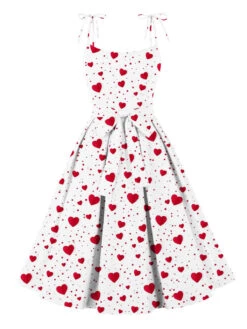 [Plus Size] White 1950s Hearts Dots Shoulder Strap Dress