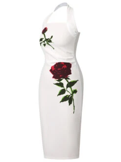 White 1960s Halter Rose Wrap Dress -Candi Clothing Shop SCHL003848 W 01 3