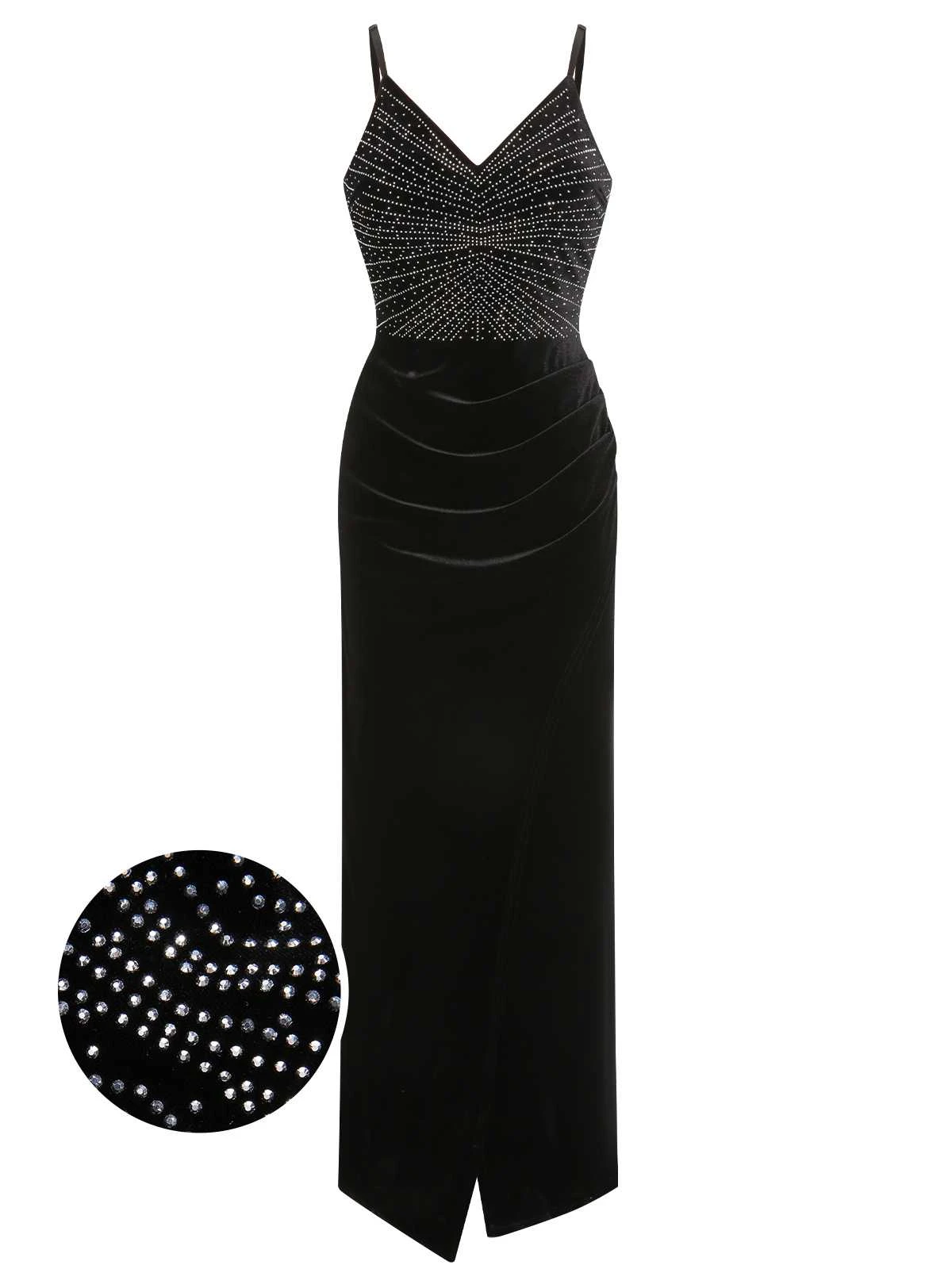 Black 1960s Spaghetti Strap Velvet Beading Dress 1 Black 1960s Spaghetti Strap Velvet Beading Dress