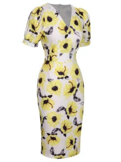 Multicolor 1960s Floral Sunflower V-Ausschnitt Dress -Candi Clothing Shop SCHL003853 MC 01 3