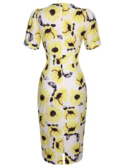 Multicolor 1960s Floral Sunflower V-Ausschnitt Dress -Candi Clothing Shop SCHL003853 MC 01 4
