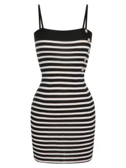 2PCS 1960s Black White Striped Knit Strap Dress & Cardigan -Candi Clothing Shop SCHL003855 B 1 4